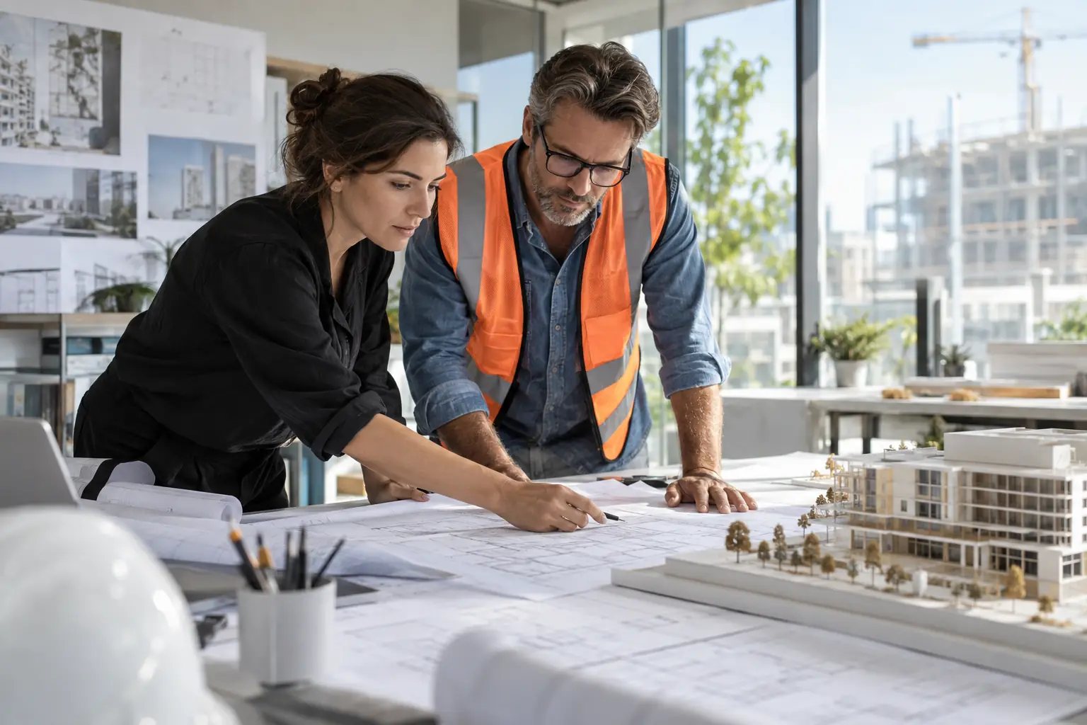 Technicienne préparant les plans et métrés d’un bâtiment