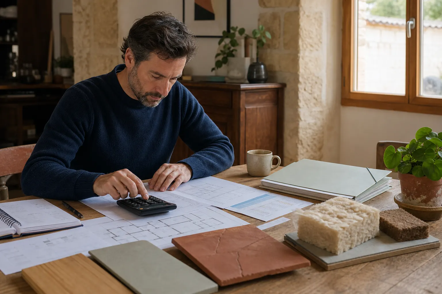 Propriétaire préparant le budget d’un projet de rénovation avec plans, calculatrice et échantillons
