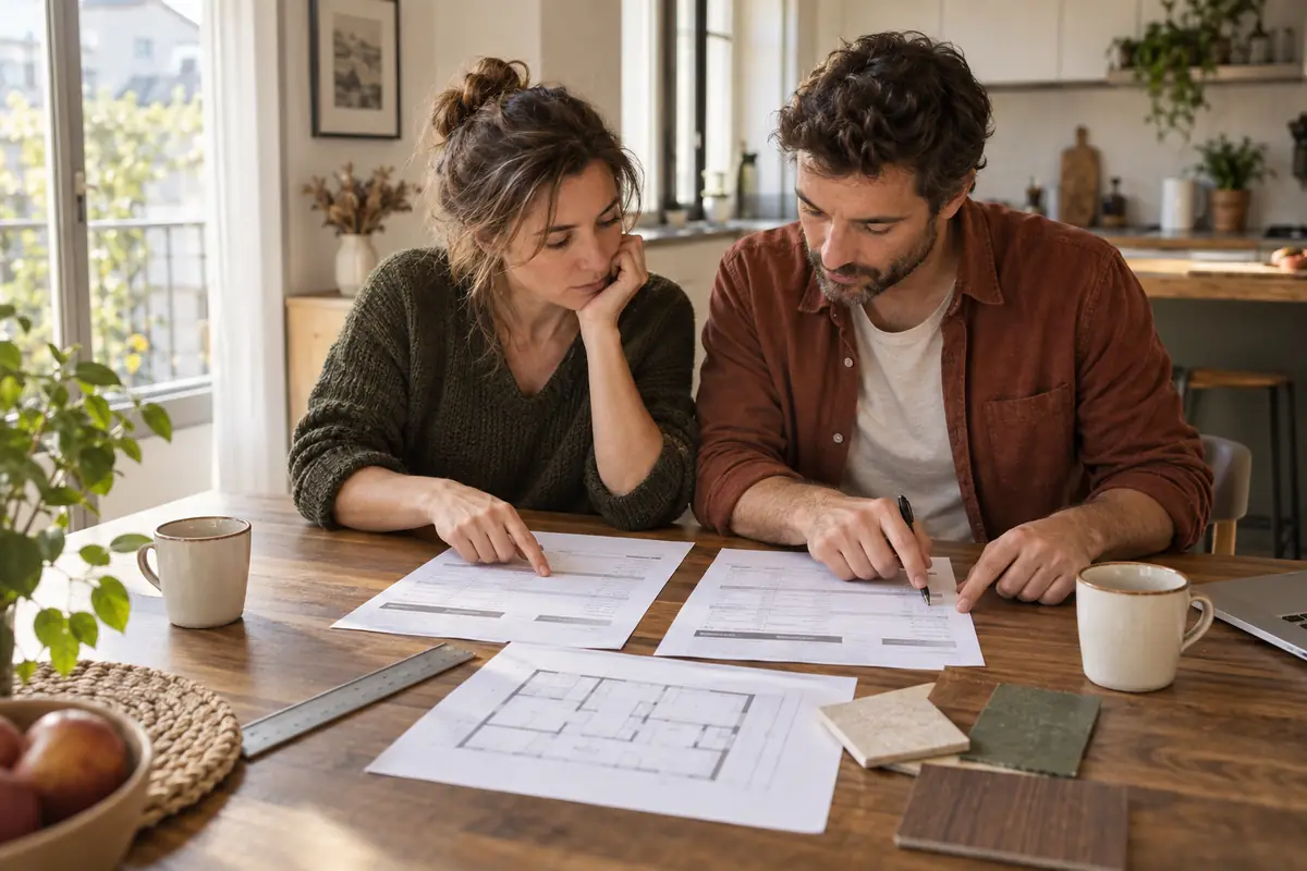 Couple comparant deux devis de travaux autour d’un même plan