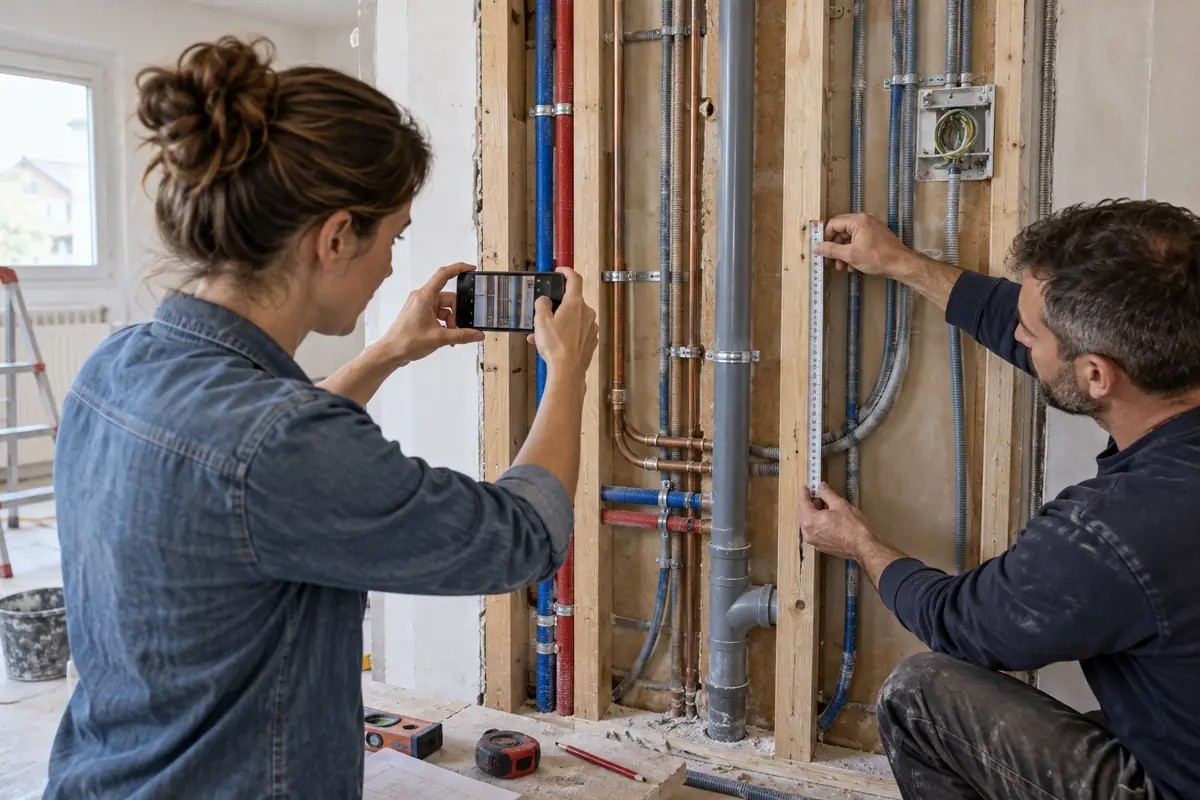 Propriétaire photographiant les réseaux avec un artisan avant fermeture de la cloison