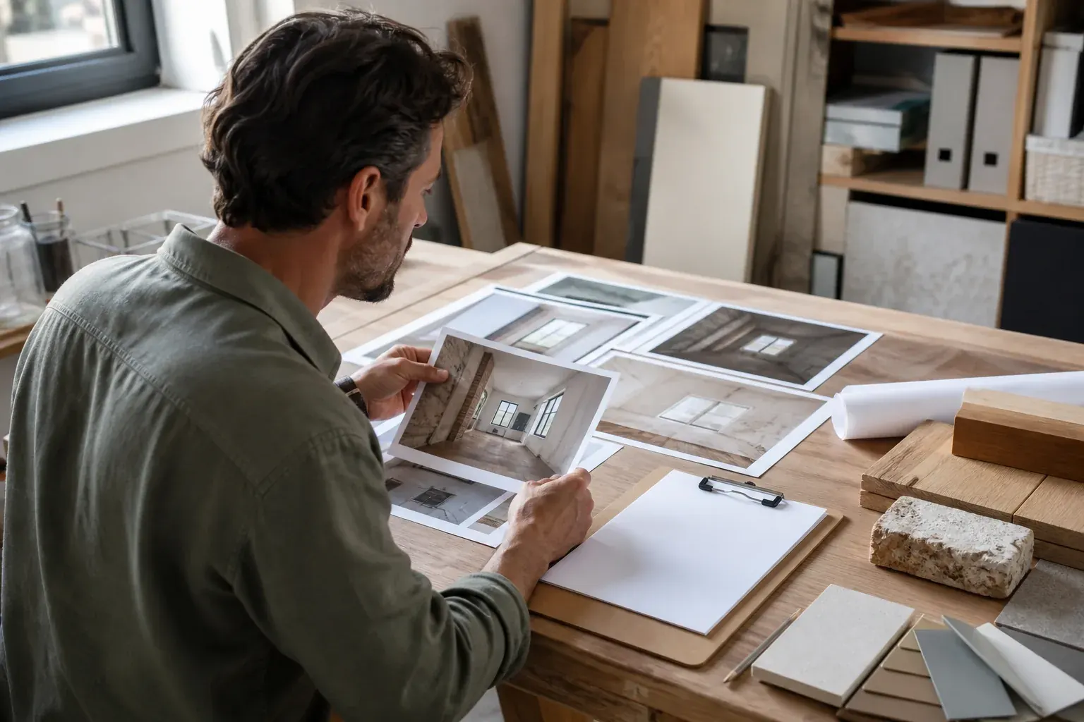 Professionnel préparant un dossier de réalisations de rénovation