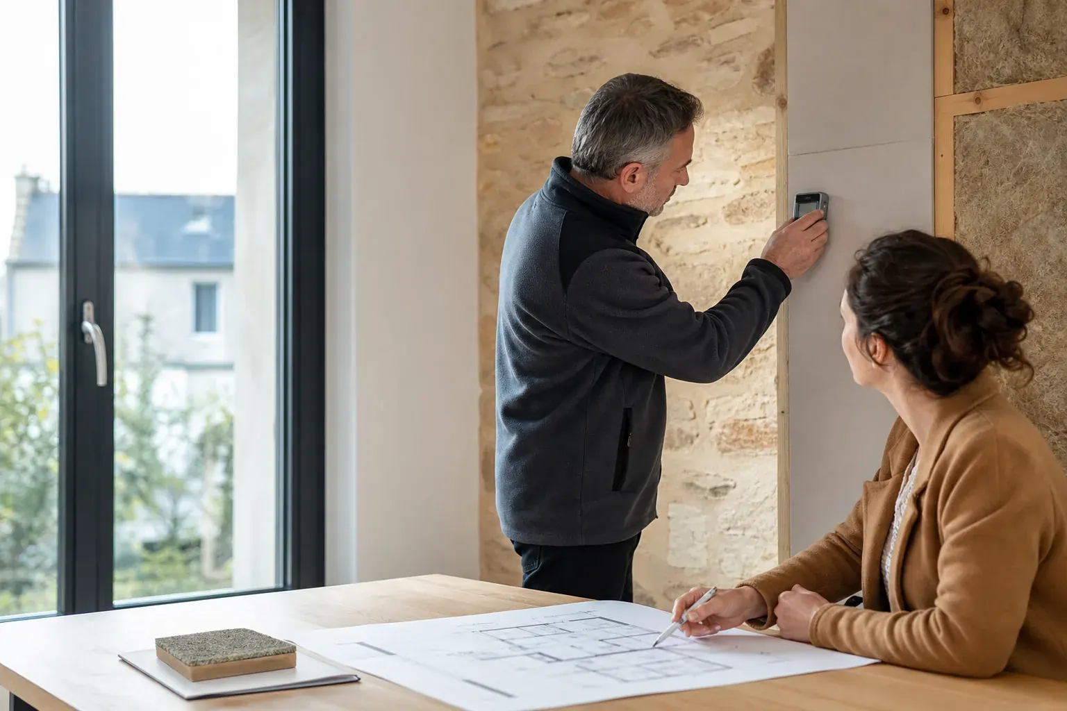 Professionnel contrôlant une paroi pendant l’étude énergétique d’une maison
