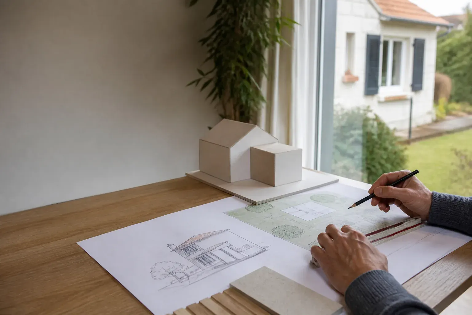 Projet d’extension préparé à partir d’un plan de maison et d’une maquette