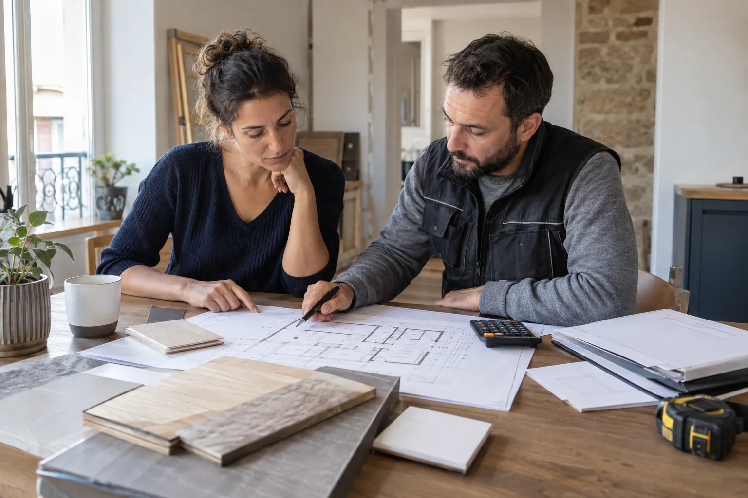 Propriétaire et professionnel calculant le budget d’une rénovation à partir des plans et matériaux