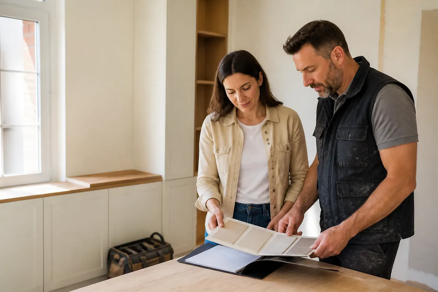 Propriétaire et artisan comparant des échantillons pour un projet de rénovation