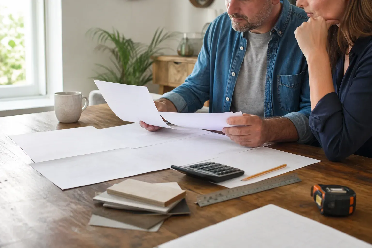 Couple comparant des documents de travaux, des mesures et des échantillons