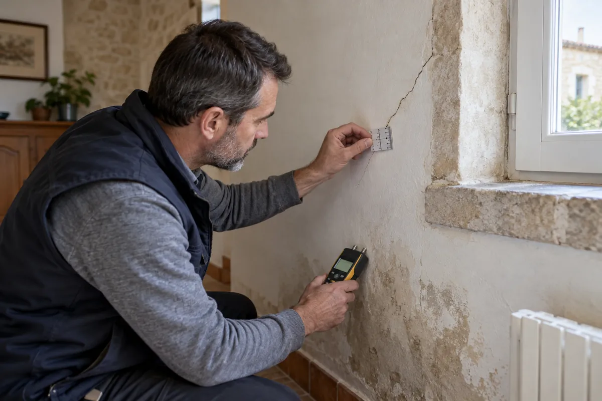 Expert mesurant une fissure et l’humidité au pied d’un mur dans une maison ancienne