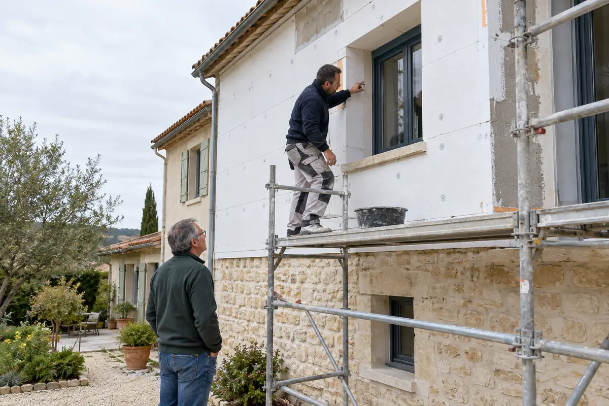 Pose d’une isolation thermique extérieure autour d’une fenêtre de maison
