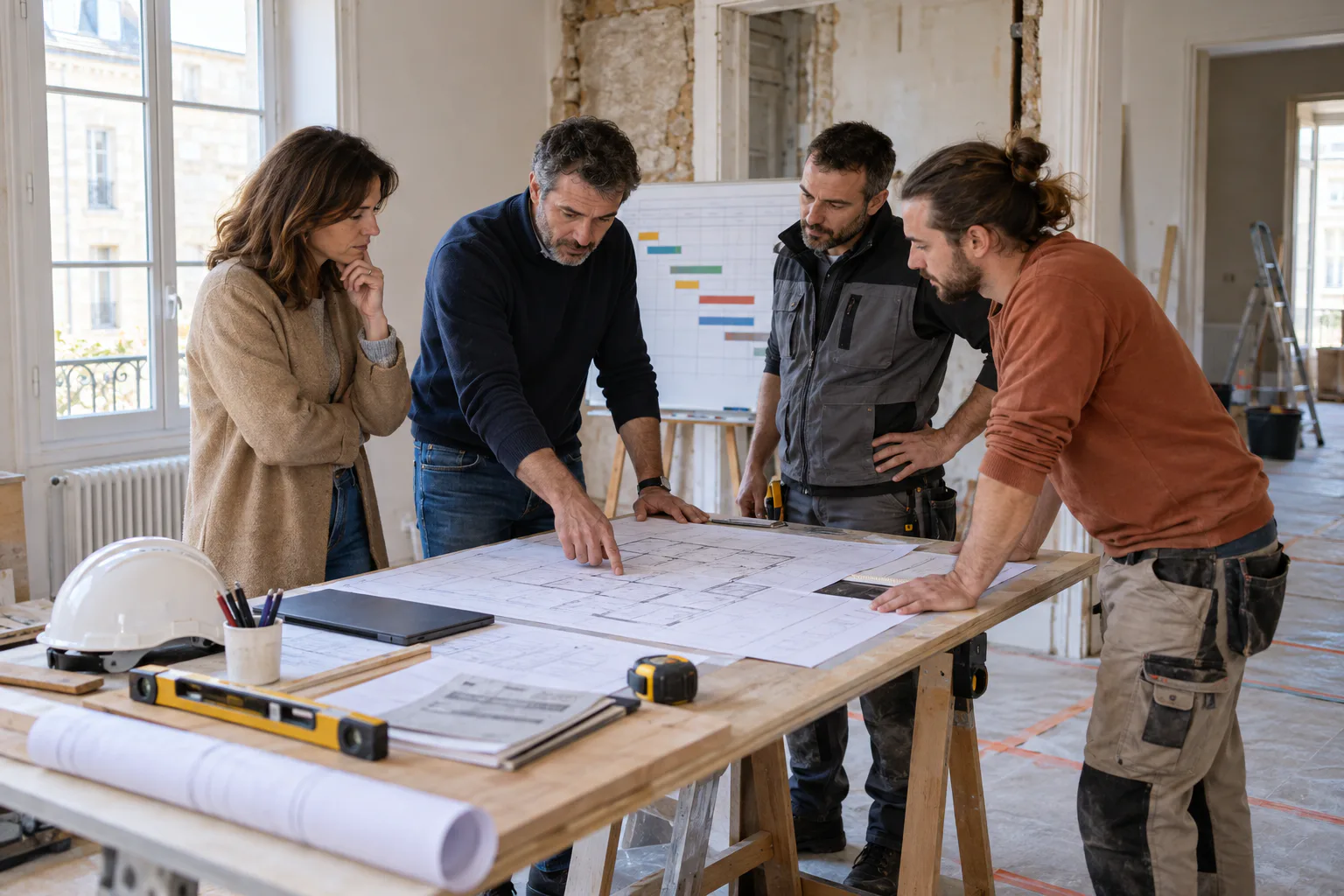 Propriétaire, maître d’œuvre et artisans coordonnant le planning d’un chantier de rénovation