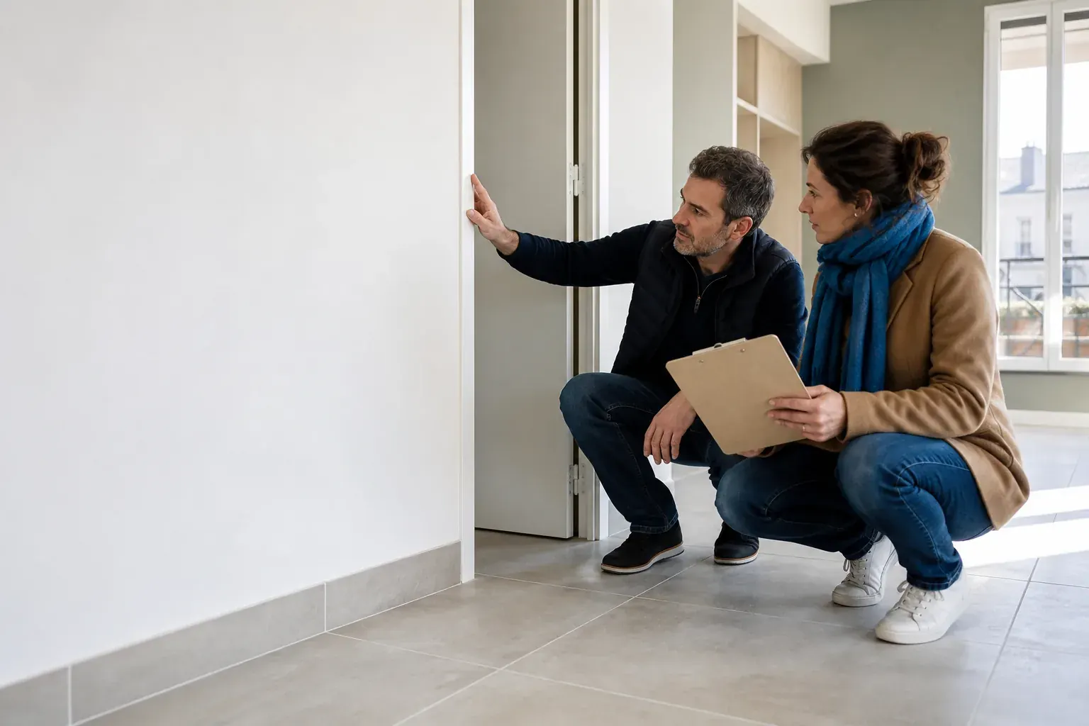 Propriétaire et professionnel vérifiant les finitions d’une rénovation terminée