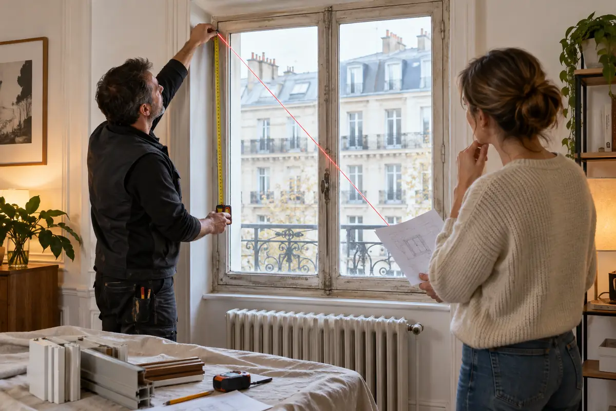Menuisier mesurant une fenêtre ancienne avant son remplacement dans un appartement