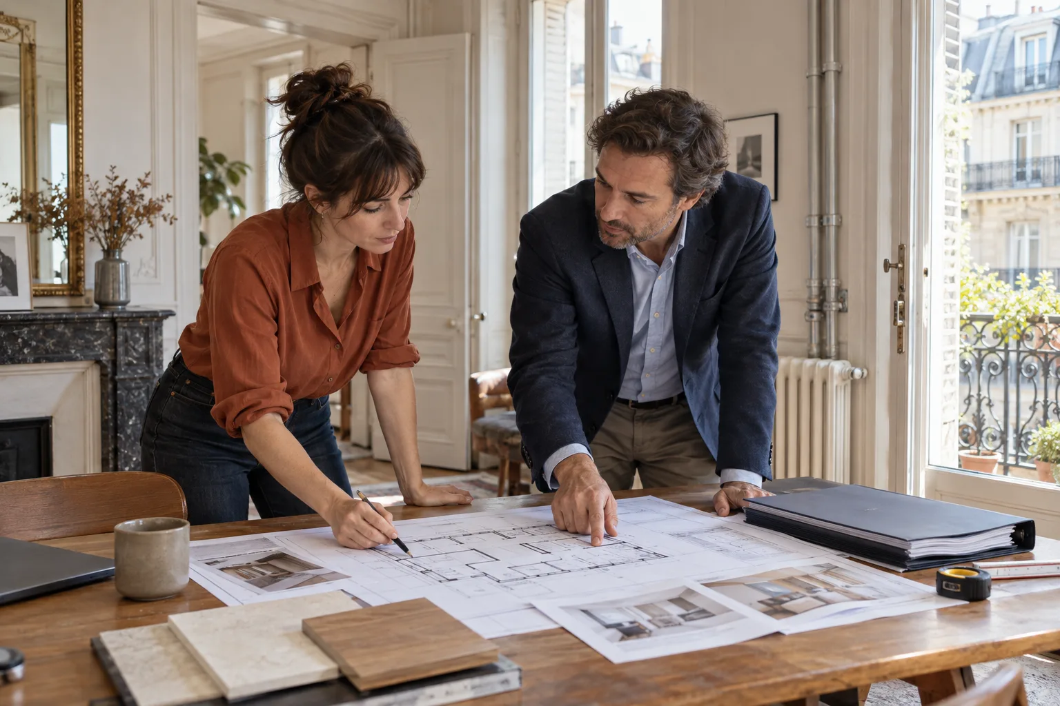 Propriétaire et maître d’œuvre étudiant les plans d’une rénovation d’appartement en copropriété