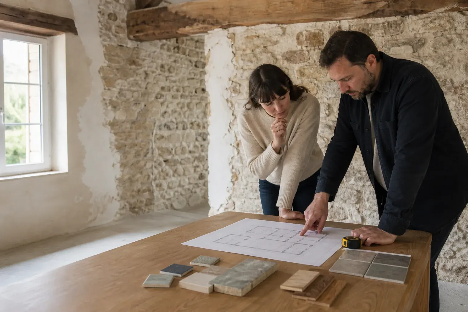 Propriétaire et professionnel préparant la rénovation d’une maison ancienne