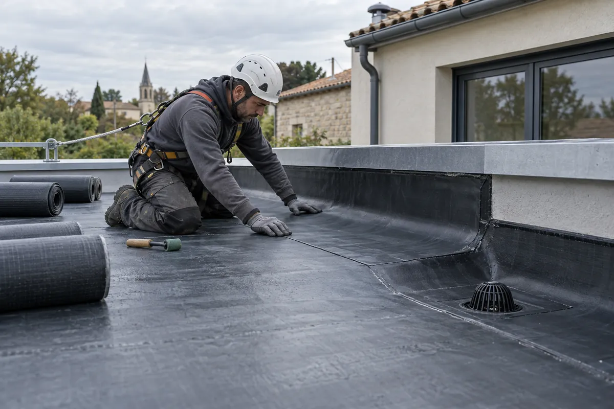 Étancheur vérifiant un raccord de membrane sur une toiture-terrasse