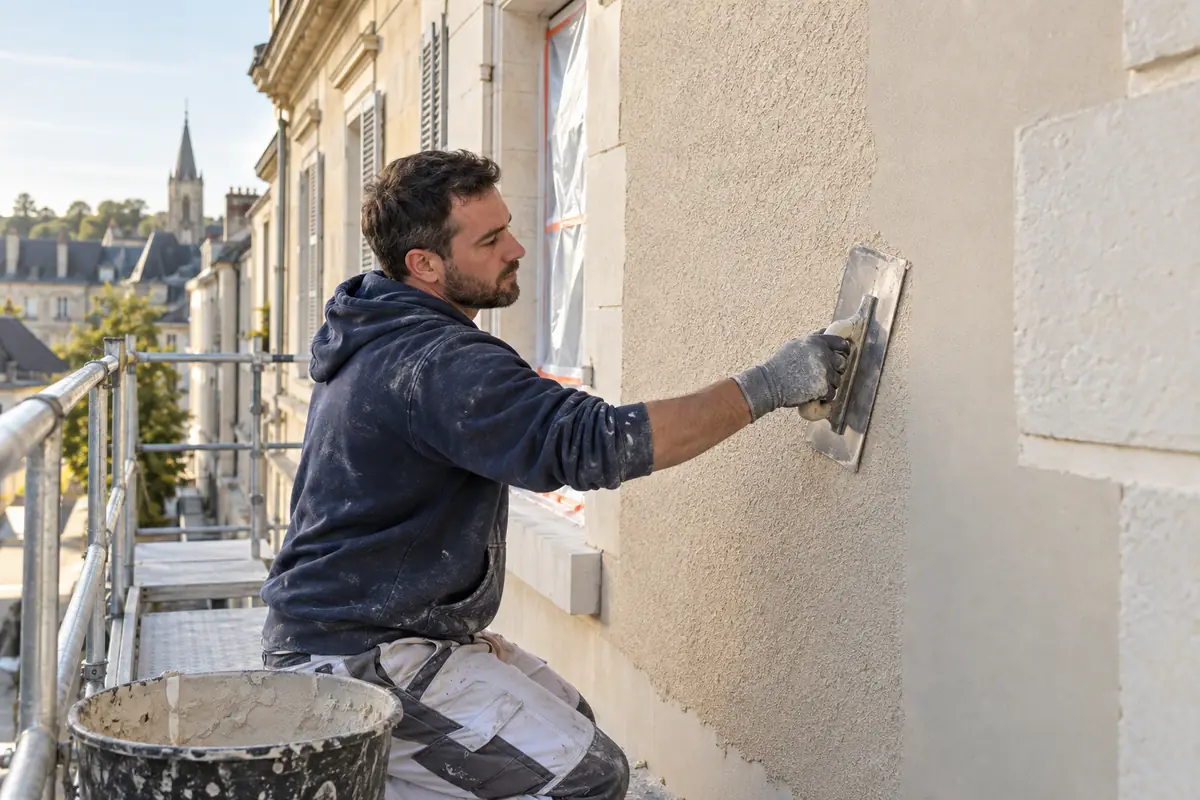 Façadier appliquant un enduit minéral sur une façade depuis un échafaudage