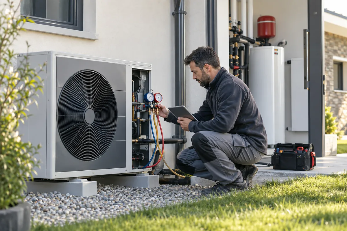 Frigoriste-climaticien effectuant les mesures de mise en service d’une pompe à chaleur