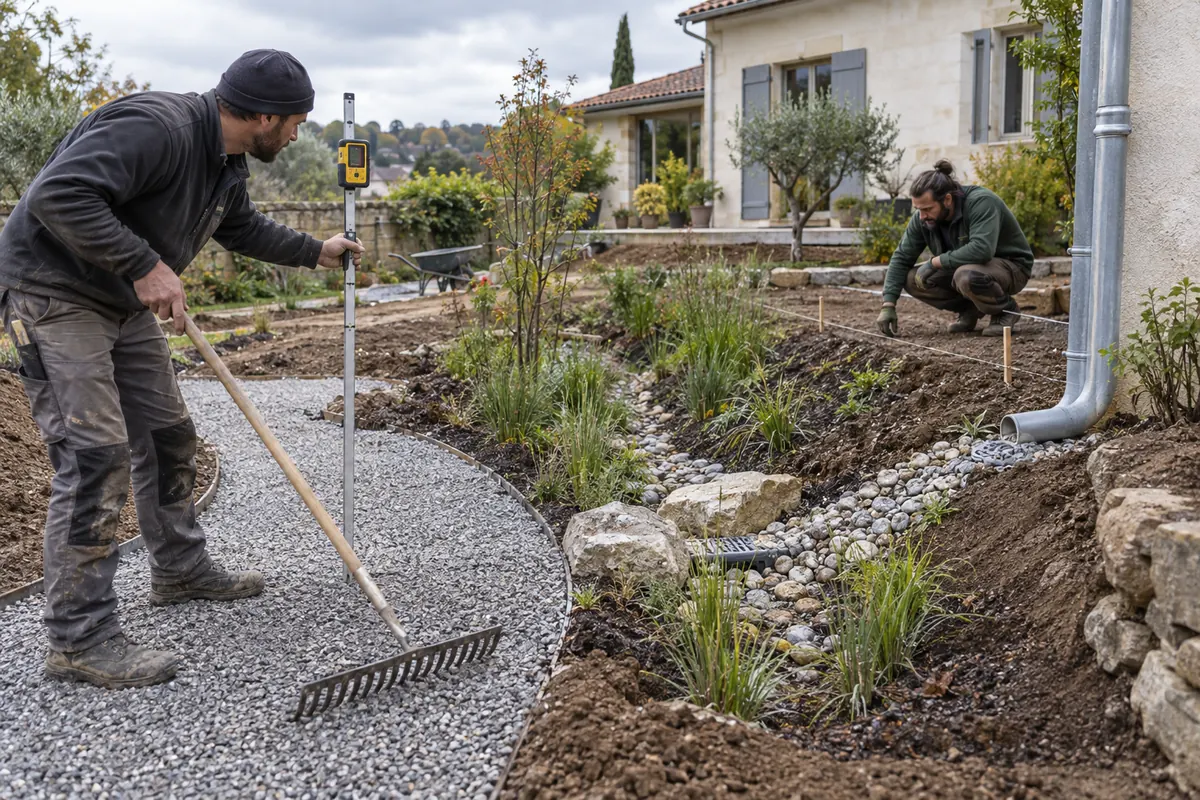 Paysagistes réglant les niveaux d’un jardin de pluie et d’un chemin perméable