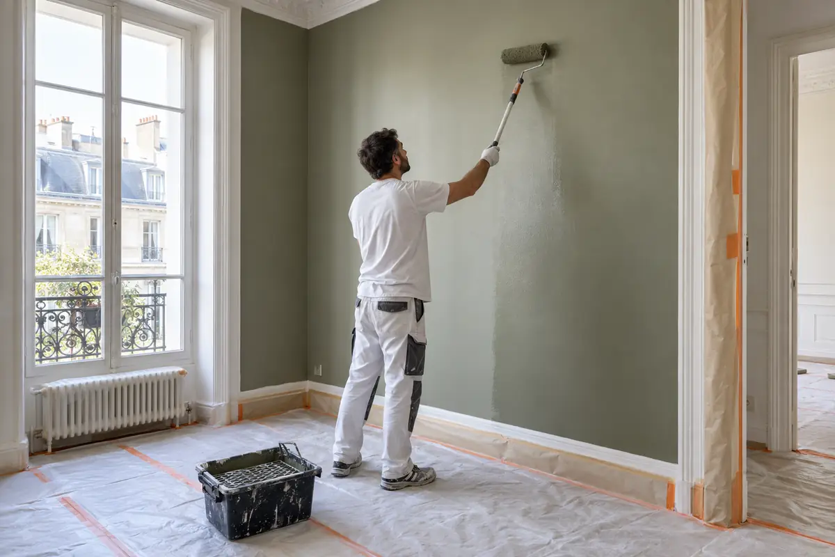 Peintre en bâtiment appliquant une finition murale dans un appartement