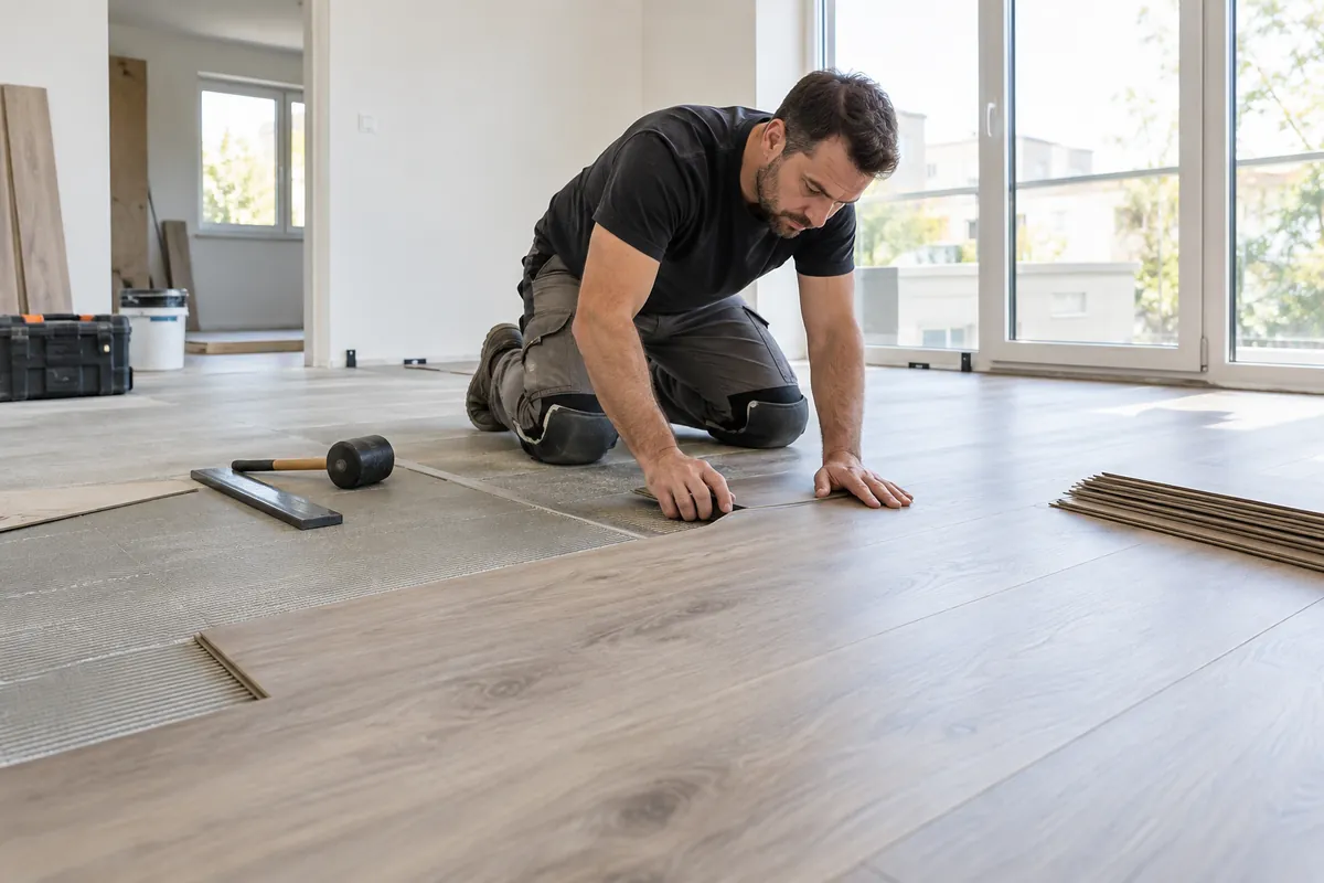 Solier contrôlant l’alignement d’un revêtement de sol dans un appartement rénové
